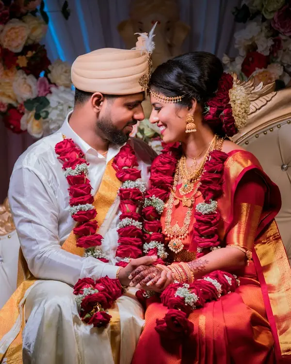 Bride and groom in traditional Indian wedding attire